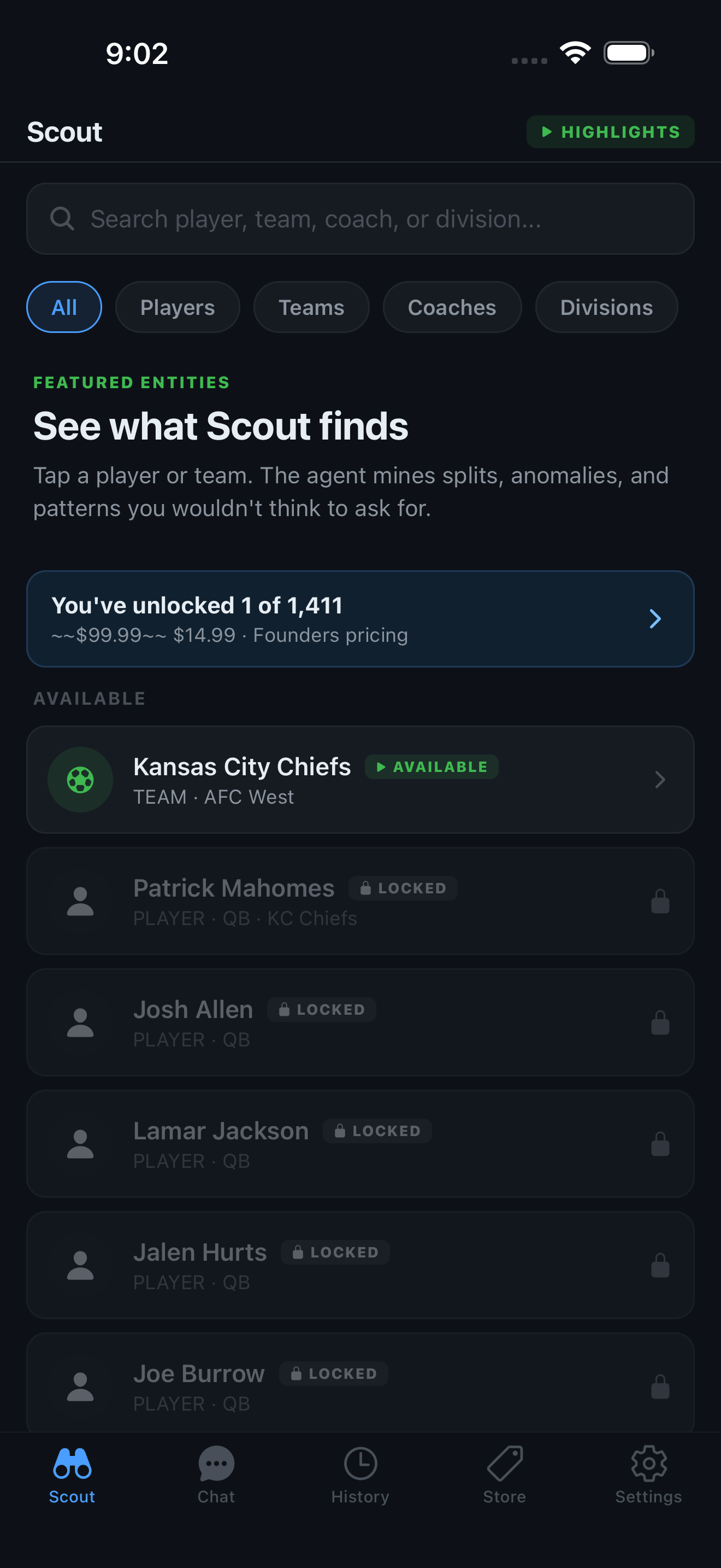Scout's home grid listing featured players, teams, coaches, and divisions to explore